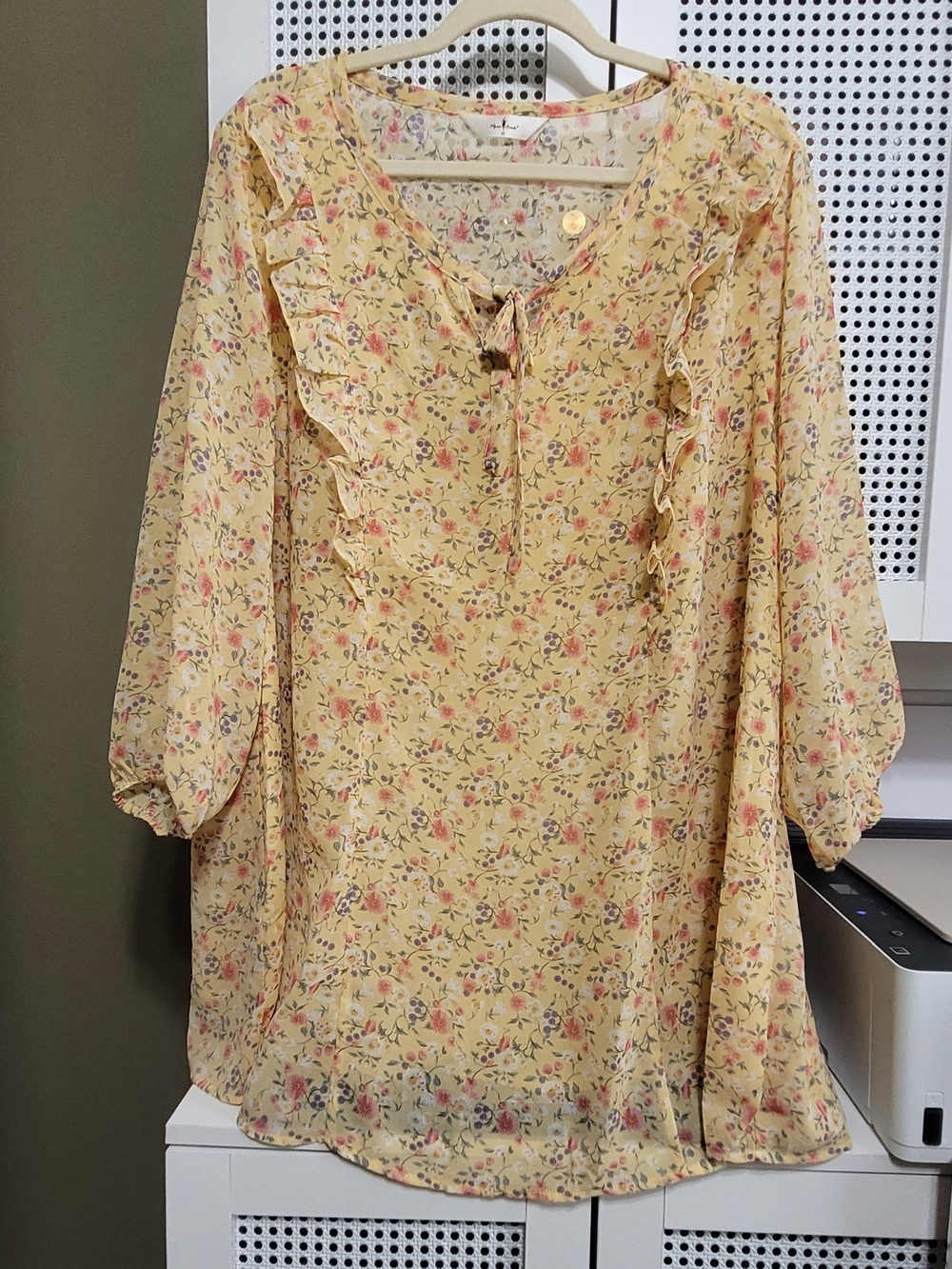 Yellow Floral Ruffle Tie-Neck Tunic